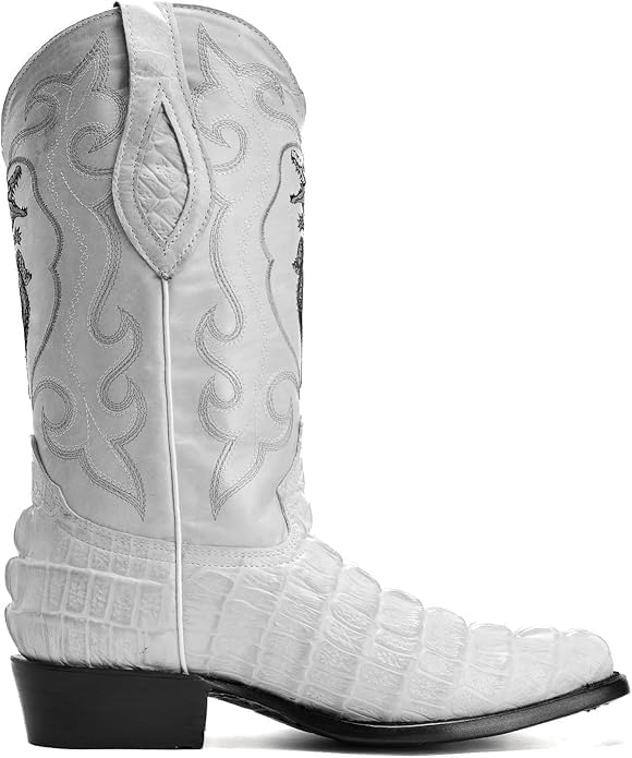 Men's Exotic Caiman Alligator Crocodile Print Genuine Leather J-Toe Cowboy Western Boots Winterwhite Bone Zevon