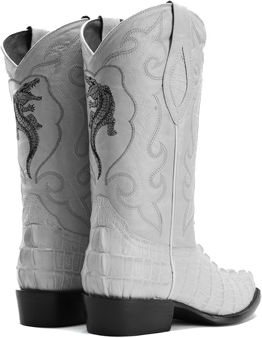 Men's Exotic Caiman Alligator Crocodile Print Genuine Leather J-Toe Cowboy Western Boots Winterwhite Bone Zevon