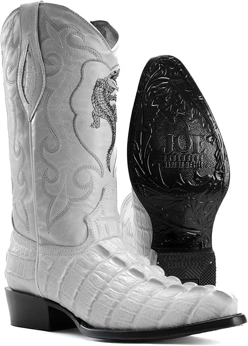 Men's Exotic Caiman Alligator Crocodile Print Genuine Leather J-Toe Cowboy Western Boots Winterwhite Bone Zevon
