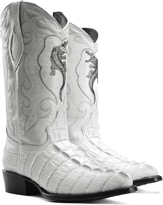 Men's Exotic Caiman Alligator Crocodile Print Genuine Leather J-Toe Cowboy Western Boots Winterwhite Bone Zevon