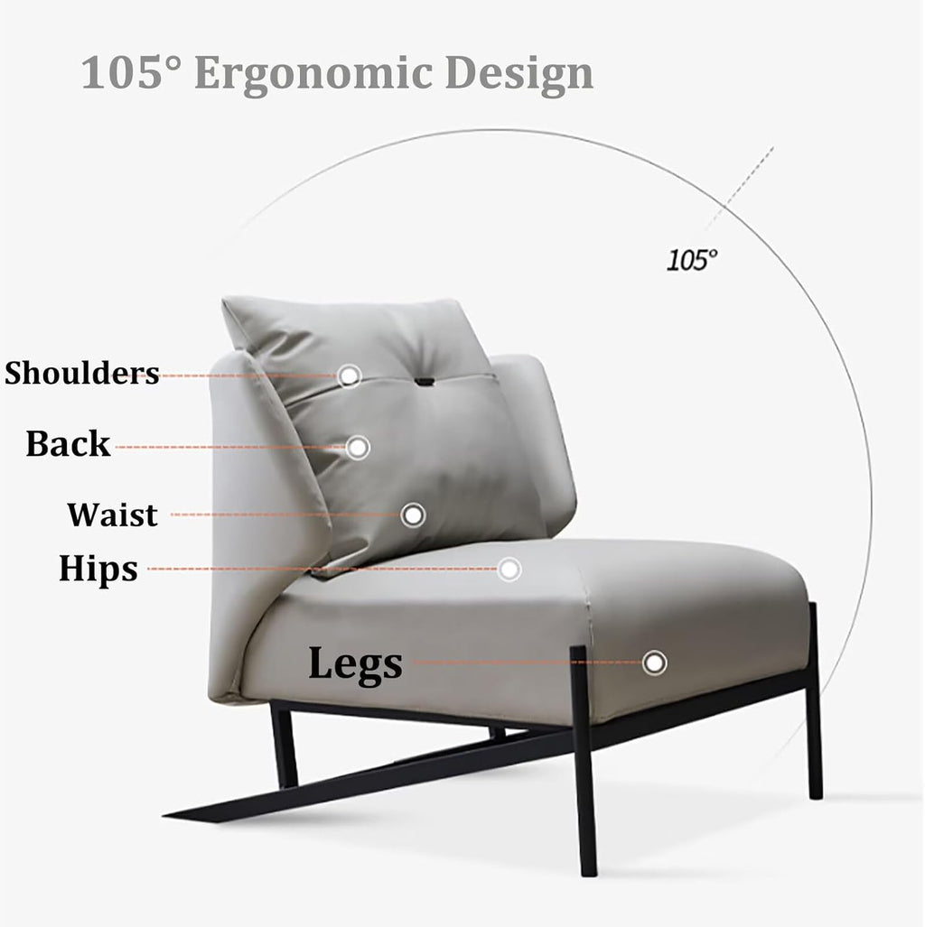Designer Style PU Leather Accent Chair Modern 105° Ergonomic Single Lounge Sofa 64cm Wide Seat Luxury Recliner Black Zevon