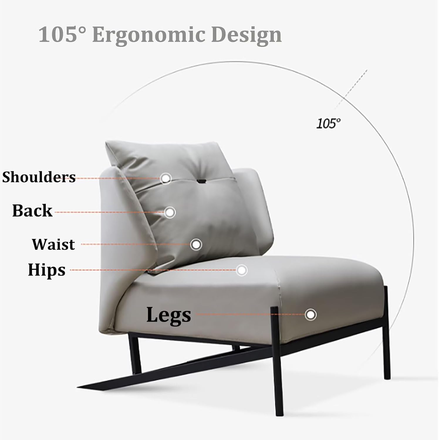 Designer Style PU Leather Accent Chair Modern 105° Ergonomic Single Lounge Sofa 64cm Wide Seat Luxury Recliner Black Zevon