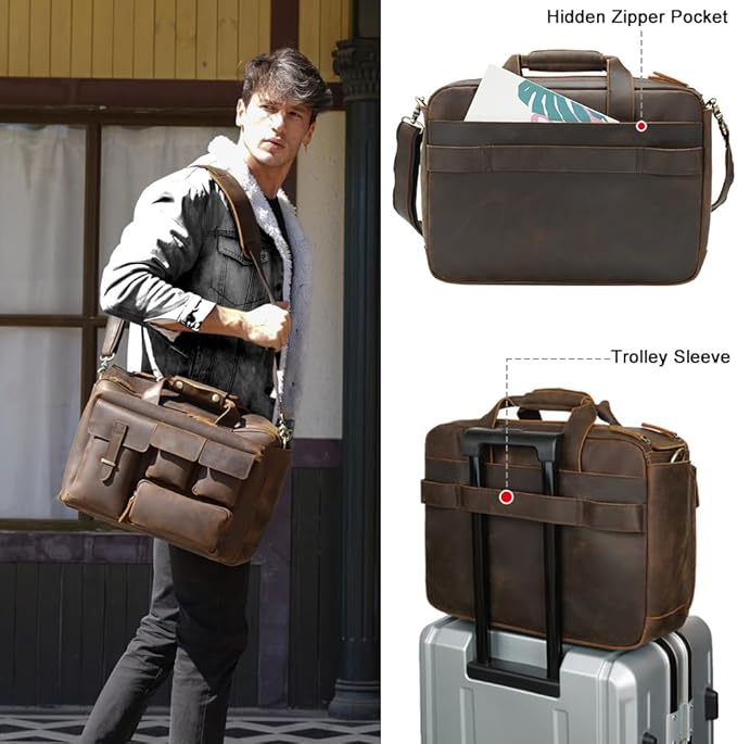 Men's Full Grain Leather 17-Inch Laptop Briefcase Business Travel Office Messenger Shoulder Bag Zevon
