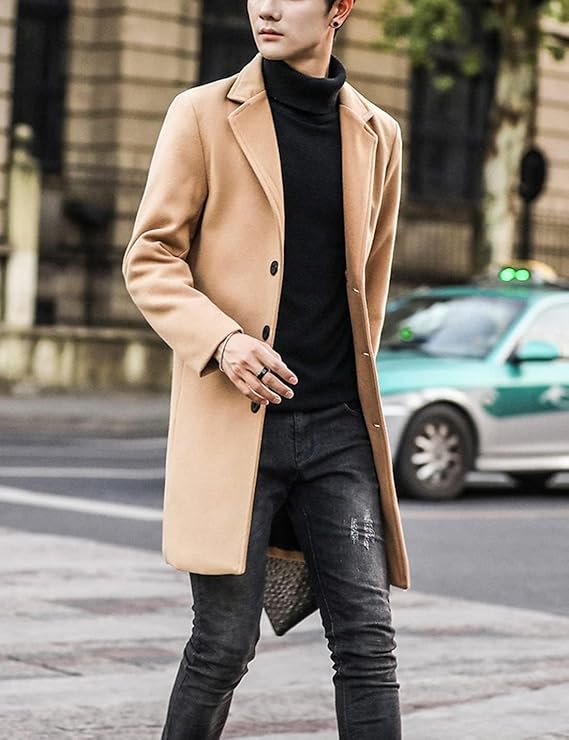 Springrain Men's Wool Blend Single-Breasted Pea Coat Notched Collar Warm Winter Trench Overcoat Zevon