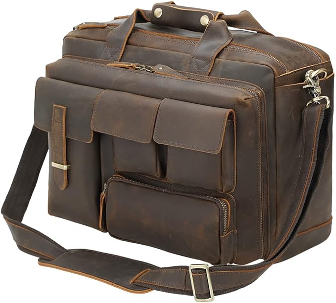 Men's Full Grain Leather 17-Inch Laptop Briefcase Business Travel Office Messenger Shoulder Bag Zevon