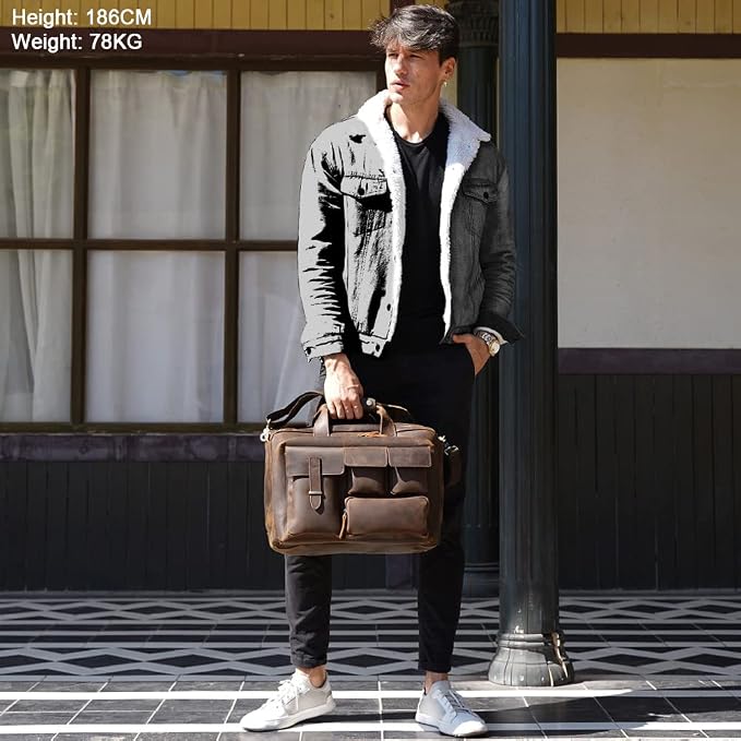 Men's Full Grain Leather 17-Inch Laptop Briefcase Business Travel Office Messenger Shoulder Bag Zevon