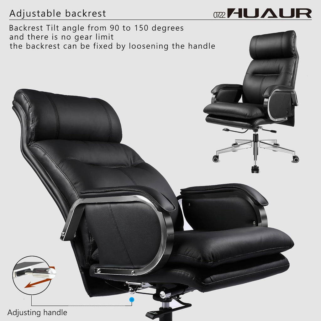 Modern High-Back Genuine Leather Executive Office Chair Ergonomic 90-150° Tilt Swivel Desk Chair 360lbs Capacity Black Zevon