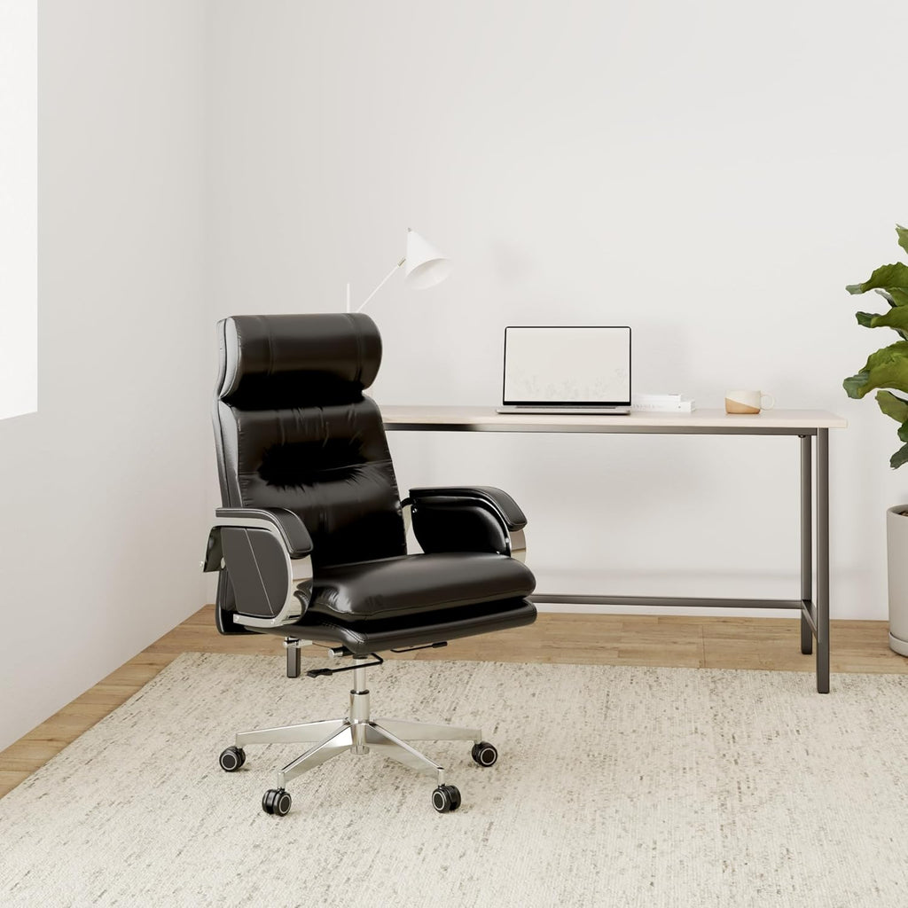 Modern High-Back Genuine Leather Executive Office Chair Ergonomic 90-150° Tilt Swivel Desk Chair 360lbs Capacity Black Zevon