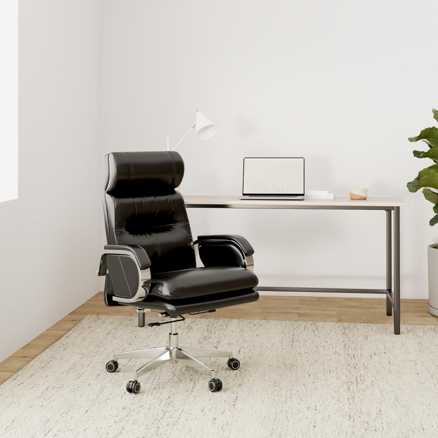 Modern High-Back Genuine Leather Executive Office Chair Ergonomic 90-150° Tilt Swivel Desk Chair 360lbs Capacity Black Zevon