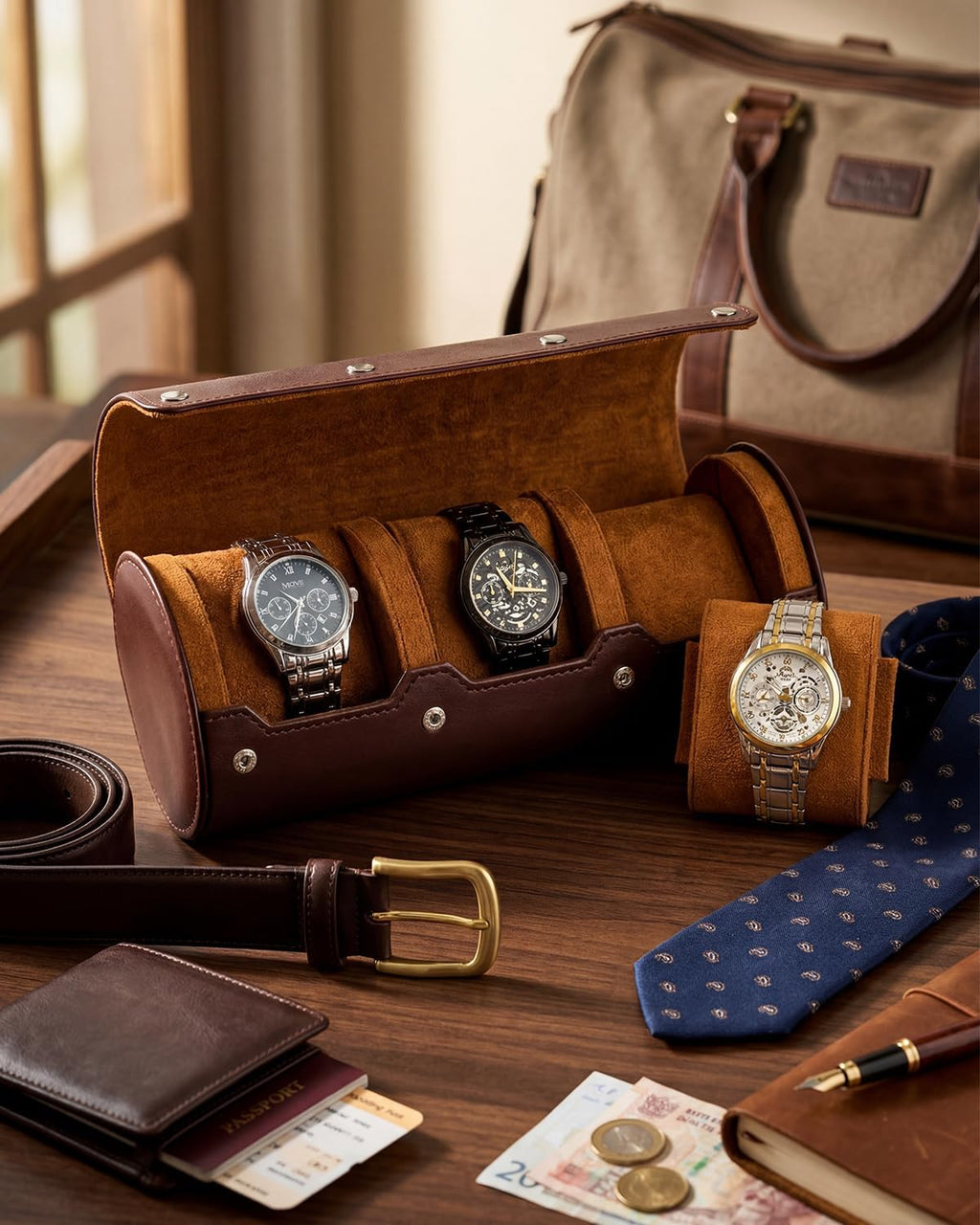 Classic Handmade Leather 3-Watch Travel Case Portable Watch Roll & Storage Display Organizer Gift for Men Zevon