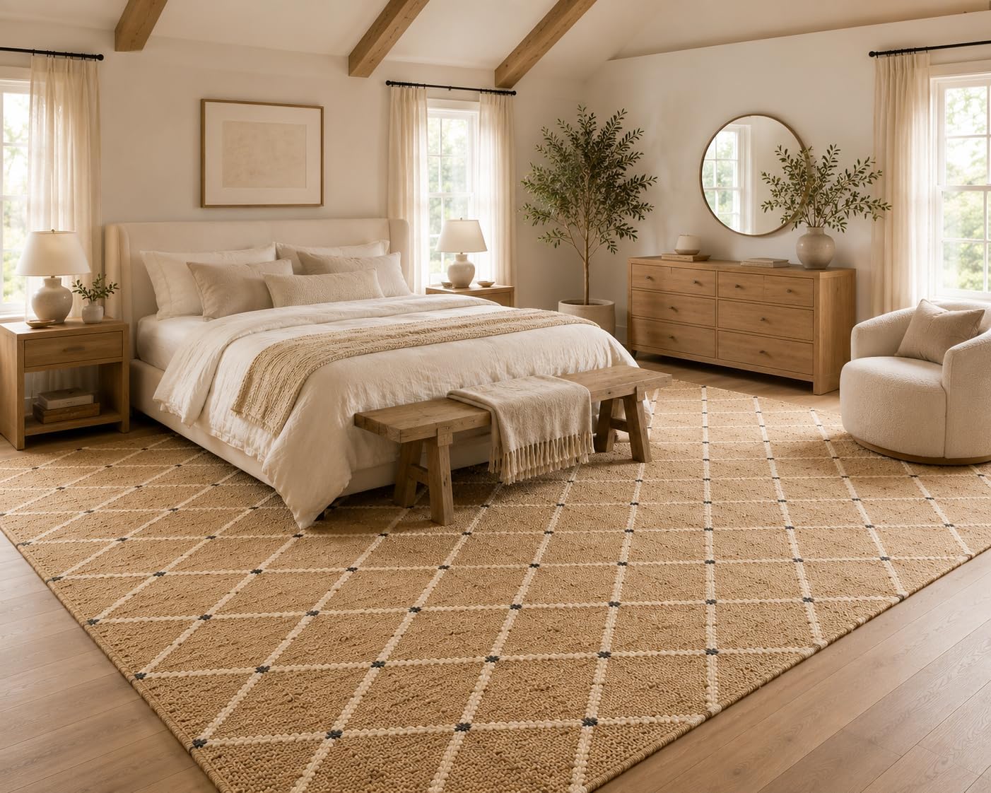 Handcrafted 9'x12' Rectangular Hand-Woven Jute Area Rug Premium Geometric Reversible Natural Fiber Farmhouse Carpet Zevon