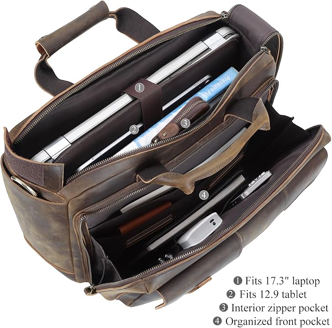 Men's Full Grain Leather 17-Inch Laptop Briefcase Business Travel Office Messenger Shoulder Bag Zevon
