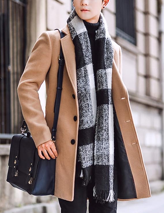 Springrain Men's Wool Blend Single-Breasted Pea Coat Notched Collar Warm Winter Trench Overcoat Zevon