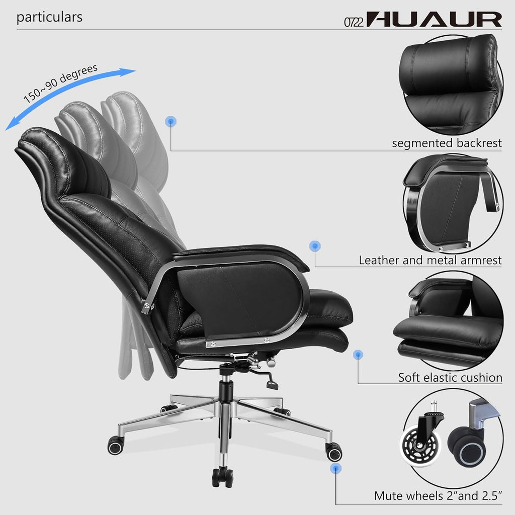 Modern High-Back Genuine Leather Executive Office Chair Ergonomic 90-150° Tilt Swivel Desk Chair 360lbs Capacity Black Zevon