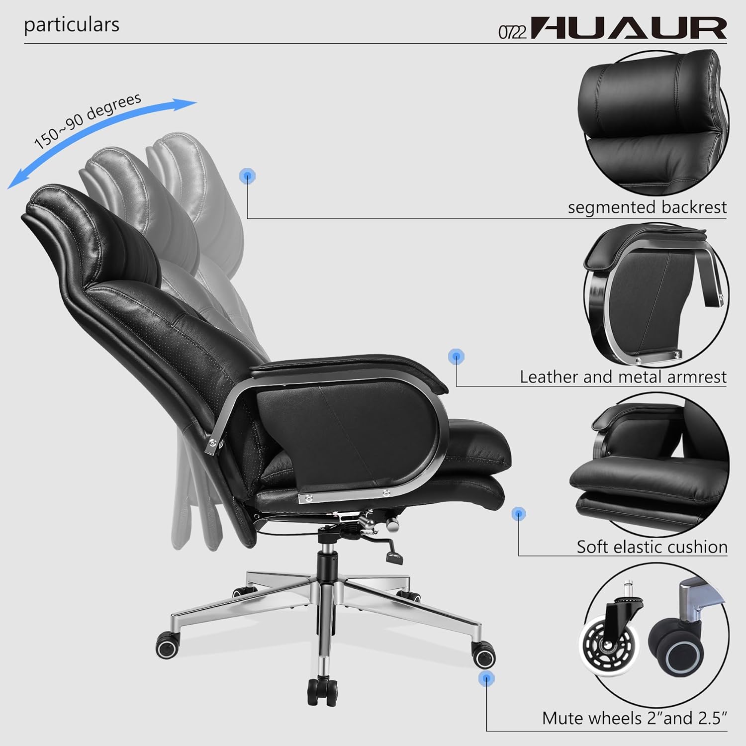 Modern High-Back Genuine Leather Executive Office Chair Ergonomic 90-150° Tilt Swivel Desk Chair 360lbs Capacity Black Zevon