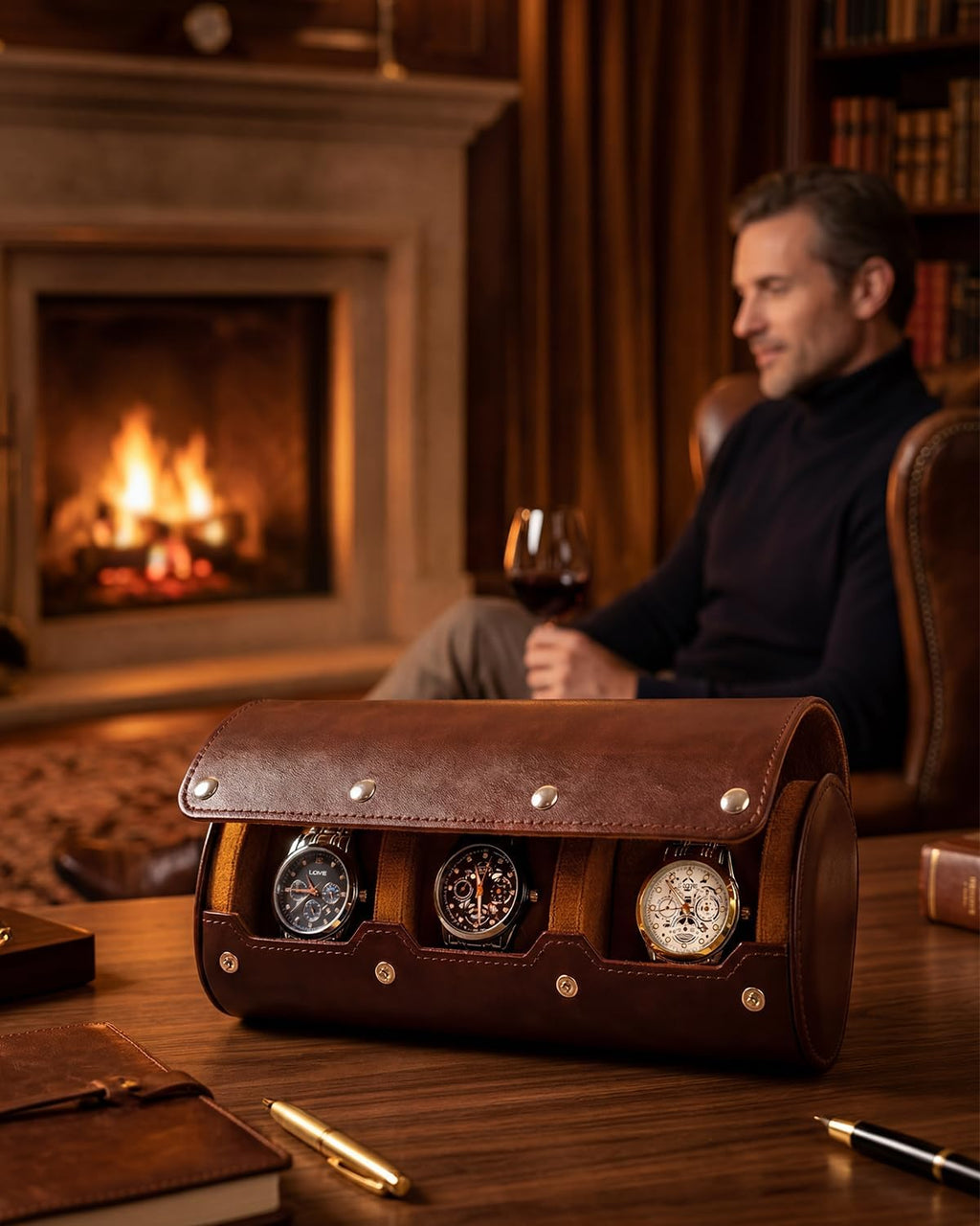 Classic Handmade Leather 3-Watch Travel Case Portable Watch Roll & Storage Display Organizer Gift for Men Zevon