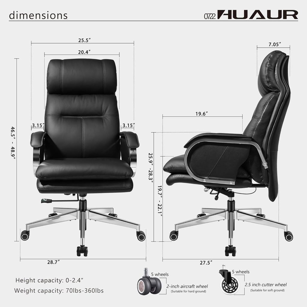 Modern High-Back Genuine Leather Executive Office Chair Ergonomic 90-150° Tilt Swivel Desk Chair 360lbs Capacity Black Zevon