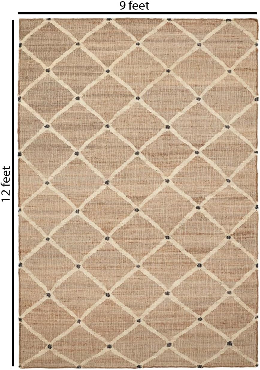 Handcrafted 9'x12' Rectangular Hand-Woven Jute Area Rug Premium Geometric Reversible Natural Fiber Farmhouse Carpet Zevon