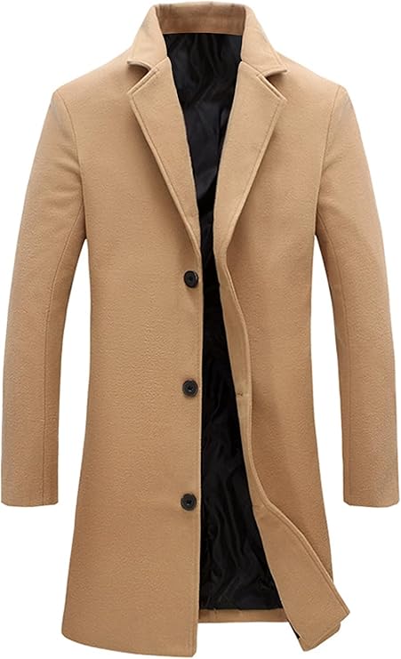 Springrain Men's Wool Blend Single-Breasted Pea Coat Notched Collar Warm Winter Trench Overcoat Zevon