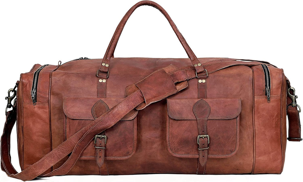 Handmade 30" Leather Duffle Bag for Men & Women Travel Weekender Overnight Gym Sports Cabin Carry-On Luggage Brown Zevon