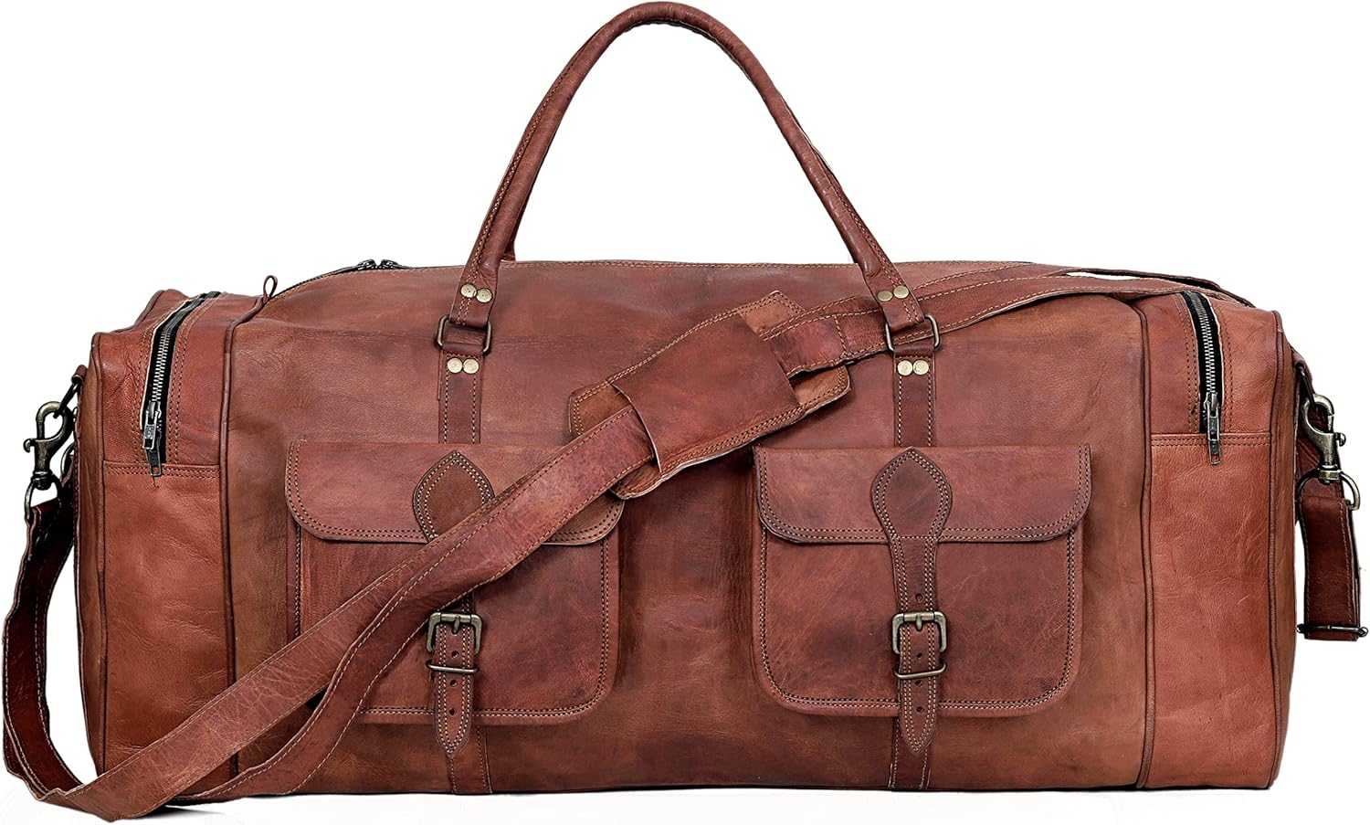 Handmade 30" Leather Duffle Bag for Men & Women Travel Weekender Overnight Gym Sports Cabin Carry-On Luggage Brown Zevon