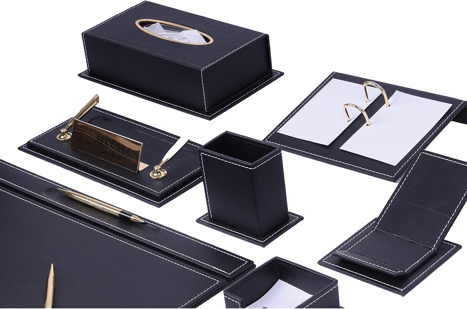 14-Piece Bonded Leather Desk Organizer Set Premium Home Office Accessories & Desktop Storage Supplies Black Zevon