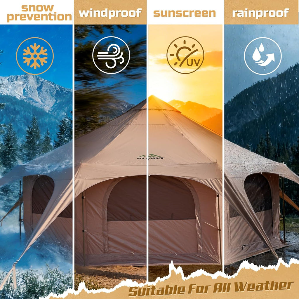 WildFinder 16.5ft Canvas Bell Tent 4-Season Waterproof Glamping Yurt Tent with Stove Jack, 55" High Walls & Removable Floor Zevon