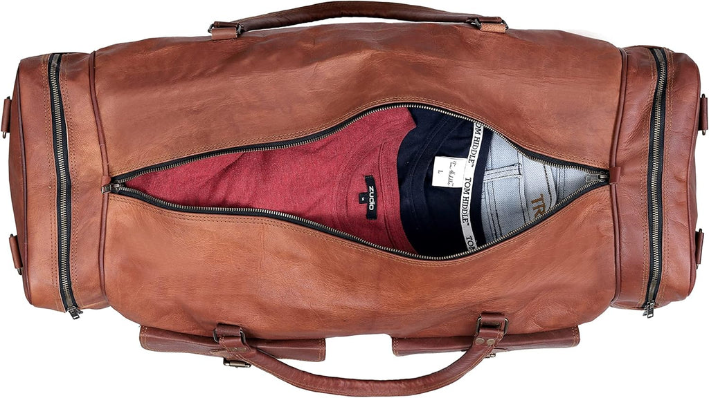 Handmade 30" Leather Duffle Bag for Men & Women Travel Weekender Overnight Gym Sports Cabin Carry-On Luggage Brown Zevon