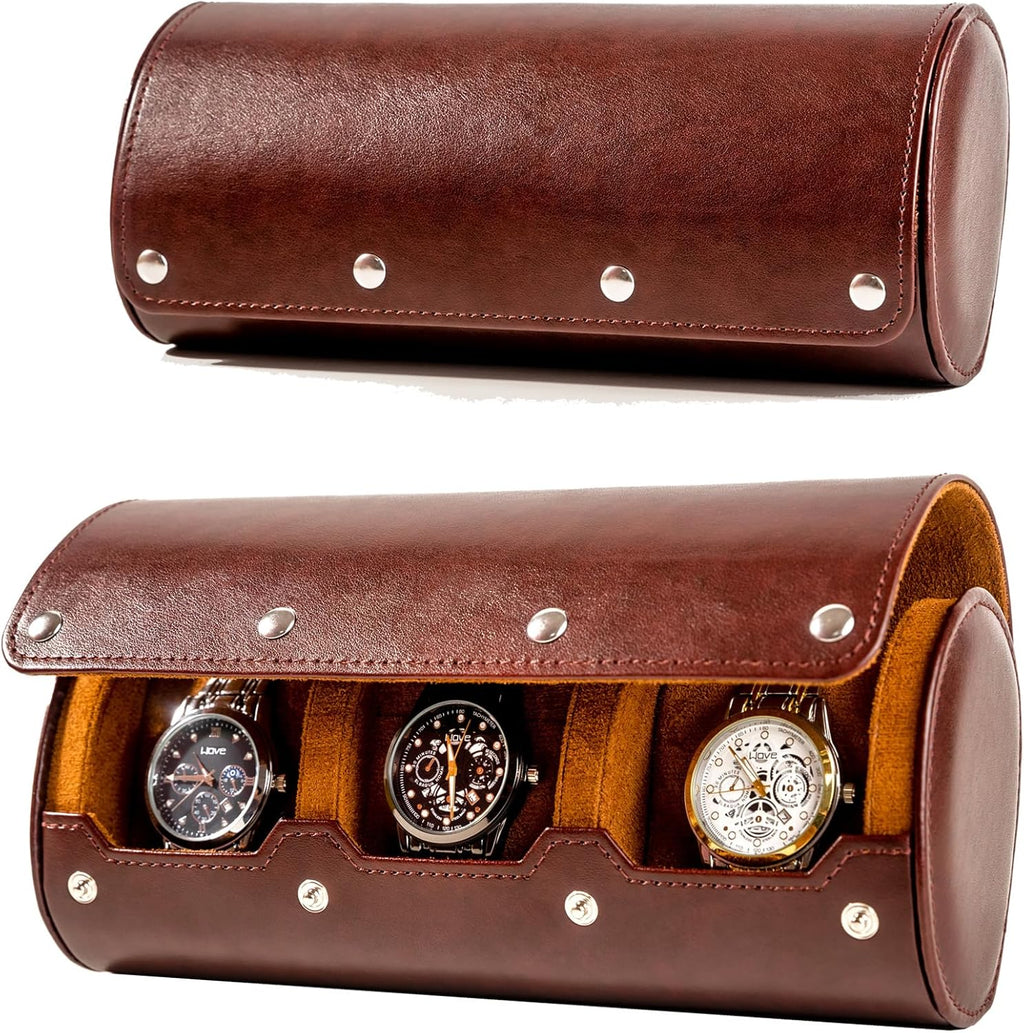 Classic Handmade Leather 3-Watch Travel Case Portable Watch Roll & Storage Display Organizer Gift for Men Zevon