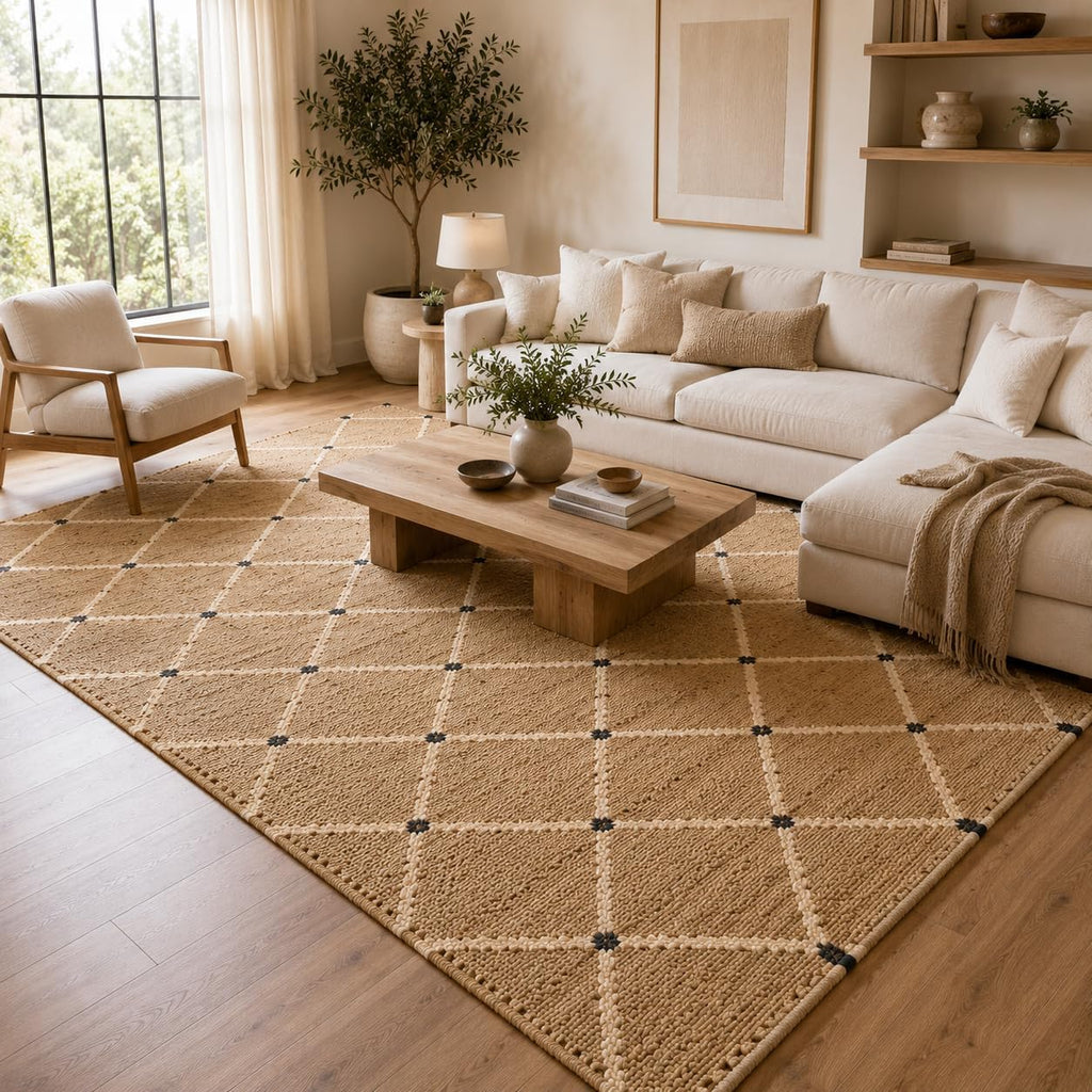 Handcrafted 9'x12' Rectangular Hand-Woven Jute Area Rug Premium Geometric Reversible Natural Fiber Farmhouse Carpet Zevon