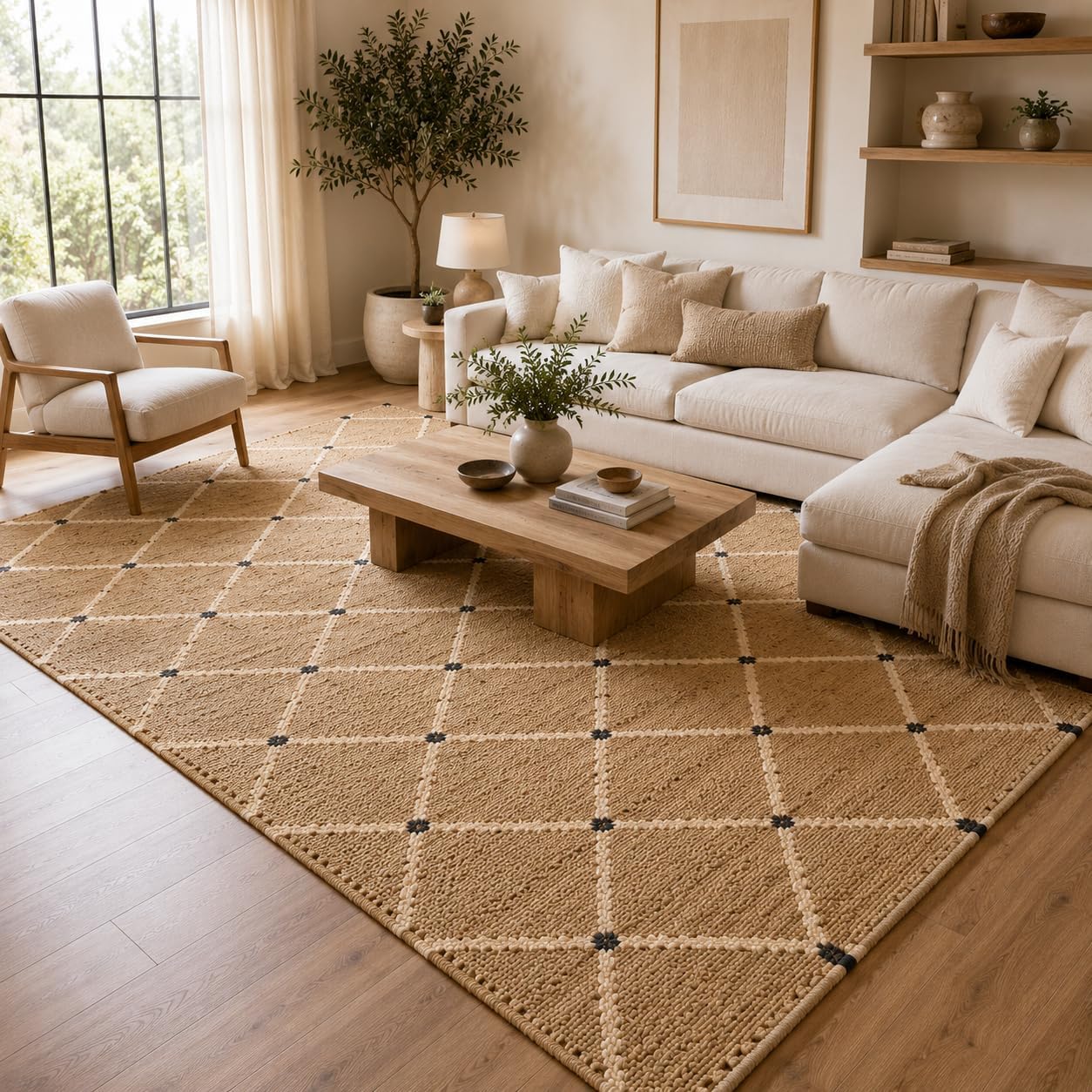 Handcrafted 9'x12' Rectangular Hand-Woven Jute Area Rug Premium Geometric Reversible Natural Fiber Farmhouse Carpet Zevon