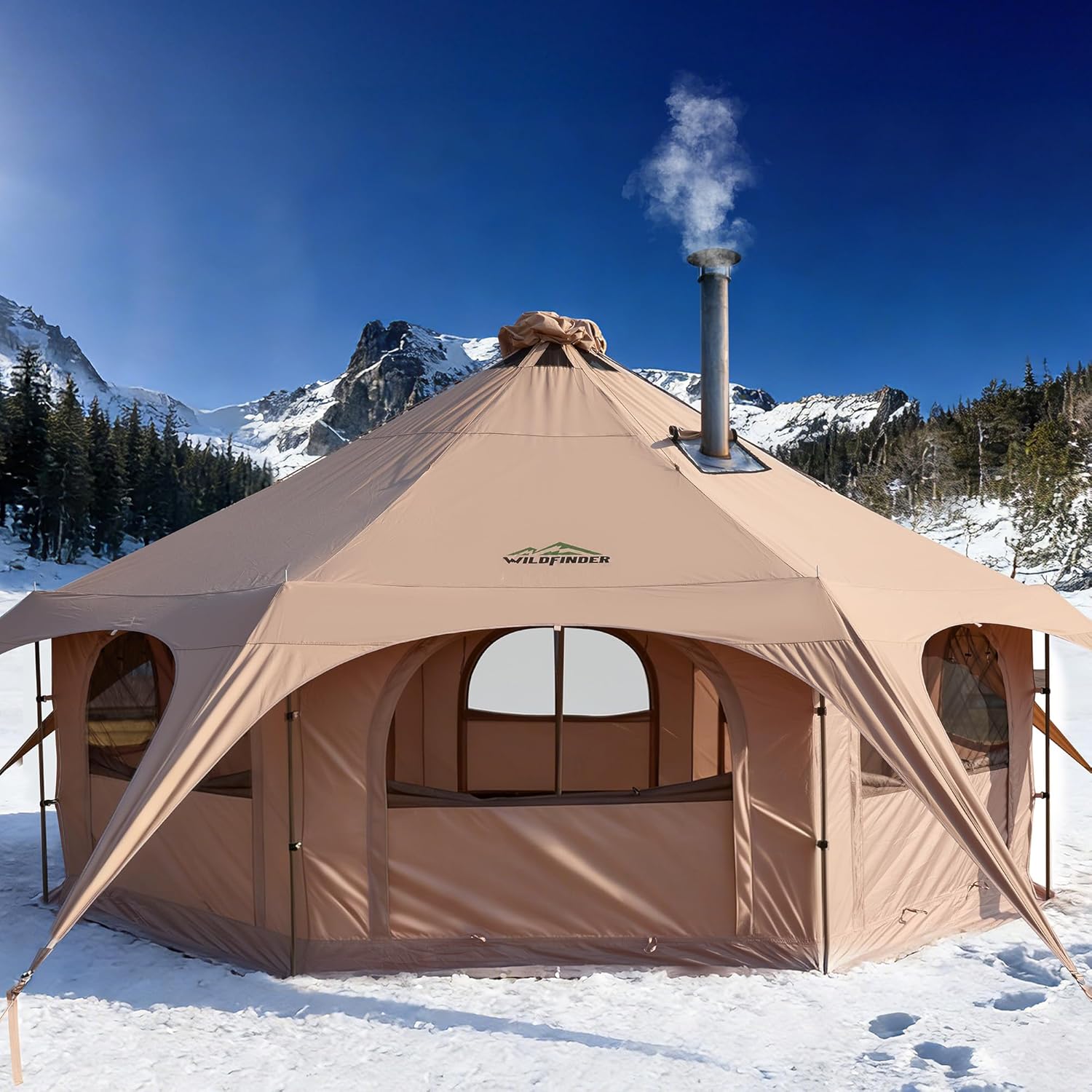 WildFinder 16.5ft Canvas Bell Tent 4-Season Waterproof Glamping Yurt Tent with Stove Jack, 55" High Walls & Removable Floor Zevon