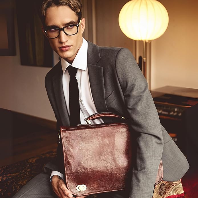 Time Resistance Men's Full Grain Italian Leather Briefcase Messenger Laptop Bag with Gift Box Included Zevon