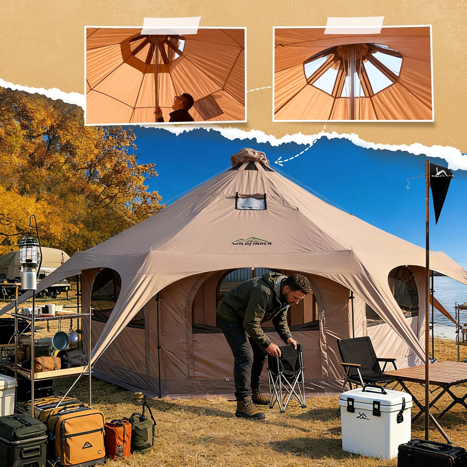 WildFinder 16.5ft Canvas Bell Tent 4-Season Waterproof Glamping Yurt Tent with Stove Jack, 55" High Walls & Removable Floor Zevon
