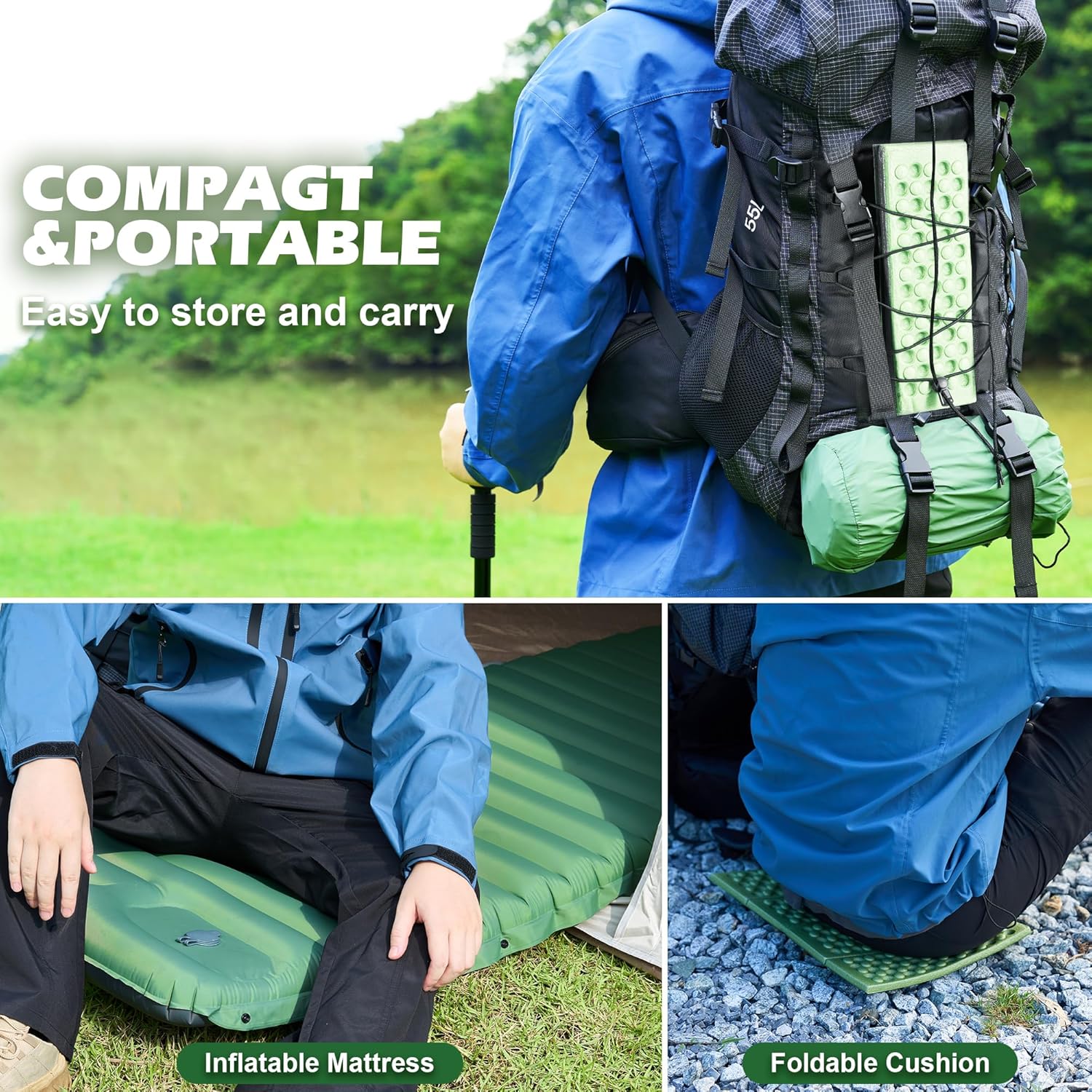 Premium Hiking & Camping Backpack Set Casual Outdoor Gear with Inflatable Sleeping Pad, Trekking Poles, Monocular & Water Filter Bottle Zevon