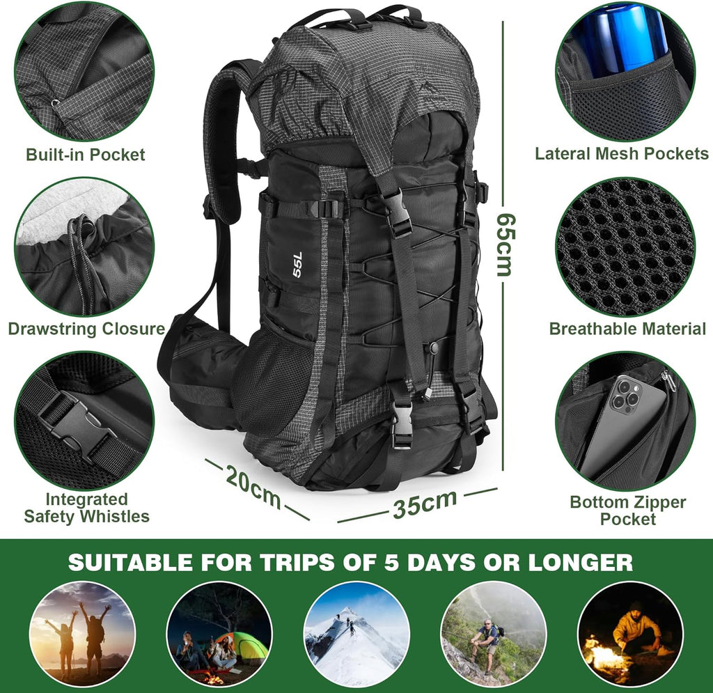 Premium Hiking & Camping Backpack Set Casual Outdoor Gear with Inflatable Sleeping Pad, Trekking Poles, Monocular & Water Filter Bottle Zevon