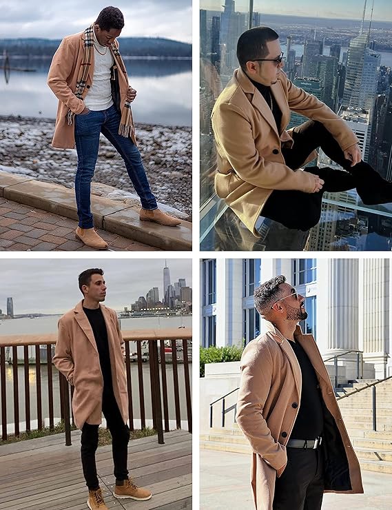 Springrain Men's Wool Blend Single-Breasted Pea Coat Notched Collar Warm Winter Trench Overcoat Zevon
