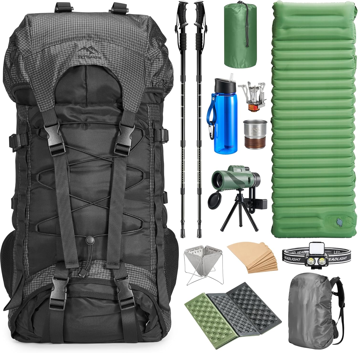 Premium Hiking & Camping Backpack Set Casual Outdoor Gear with Inflatable Sleeping Pad, Trekking Poles, Monocular & Water Filter Bottle Zevon